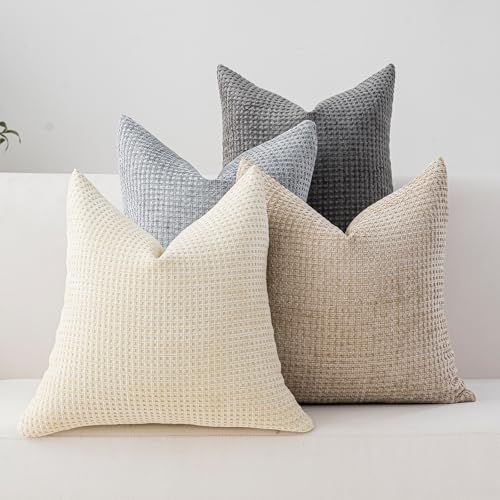 Pack of 4 Throw Pillow Covers 20x20 inch Beige Dark Gray Boho Cushion Covers Decorative Farmhouse Pillow Covers for Couch Bed Sofa Living Room Home Decor Soft Square Pillowcase - color: Beige/Dark Gray, size: 20" x 20" (Pack of 4)