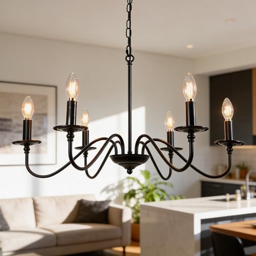 Black Chandelier, 6-Light Farmhouse Candle Chandelier 29'', Rustic Industrial Hanging Light Fixture for Dining Room, Kitchen Island, Living Room, Entryway, Bedroom, Foyer - color: Matte Black