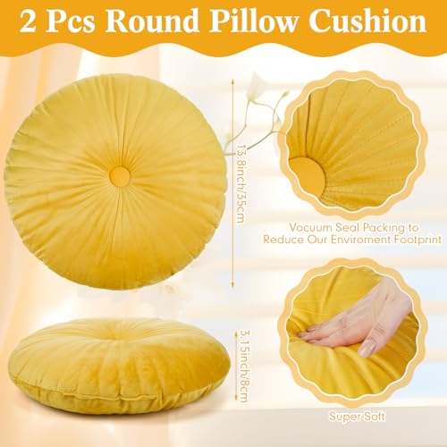Namalu 2 Pcs Yellow Round Throw Pillow 13.8 Inch Decorative Round Velvet Floor Pillows Pumpkin Throw Pillows with Center Button Floor Cushion for Valentines Day Home Living Room Sofa Couch Bed Chair - color: Yellow