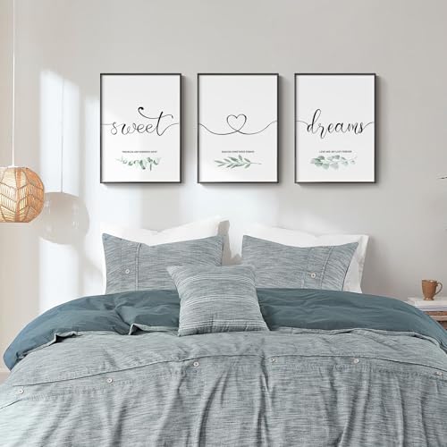 Framed 3 Piece Wall Art Bedroom, Sweet Dreams Signs Pictures Wall Decor Above Bed, Modern Minimalist Master Guest Room Wall Decor, Painting Print Script White Canvas Artwork for Walls, 12x16 Inch - color: Black and White