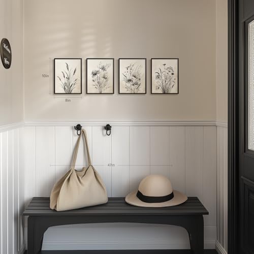 Framed Vintage Botanical Wall Art, 4 Piece Boho Rustic Floral Canvas Painting Prints for Modern Farmhouse, Black and White Neutral Flower Pictures for Bathroom Bedroom Hallway Kitchen Home Decor, 8x10 - color: Misty - Black Framed, size: 8" W x 10" H x 4p
