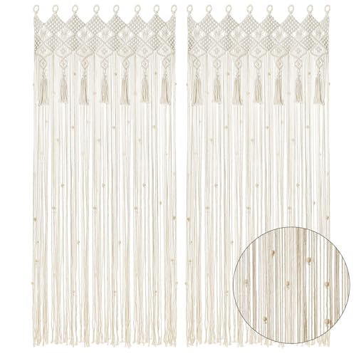 BECHAEO Boho Macrame Beaded Curtain Handmade Door String Curtain for Doorway Window Cotton Tassels Beads Hanging Room Divider Hallway Closet Bedroom Living Room Decor, White - 2 Panels 35" W x 79" L - size: 35"W x 79"L (Pack of 2)