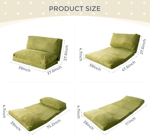 MAXYOYO Folding Sofa Bed, Extra Thick and Long Floor Sofa Convertible Chair with Washable Cover, Floor Couch Lounge Bean Bag Bed for Living Room, Green, 39x91 Inch - color: Green, size: Classic Twin