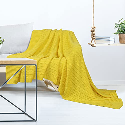 uxcell 100% Cotton Knitted Throw Blanket for Sofa and Couch Soft Lightweight Cable Knit Blanket Home Decors Blanket, Yellow 50" x 60" - color: Yellow, size: Throw (50" *60")