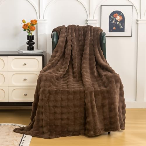 YUSOKI 3D Fleece Bubble Throw Blanket | 380GSM Ultra Soft Fluffy Plush | Non-Shedding Lightweight Cozy Blanket for Couch Sofa Bed | All Season(Brown,50 * 60inches) - color: Brown, size: Throw(50" x60")