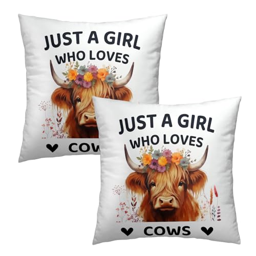 Just a Girl Who Loves Cows Pillow Covers 16x16 Inch Set of 2, Cute Floral Cow Throw Pillow Covers Square White Cotton Cushion Cover for Home Couch Sofa Patio Bedroom Livingroom - color: Cow240103, size: 16" x 16" (Pack of 2)