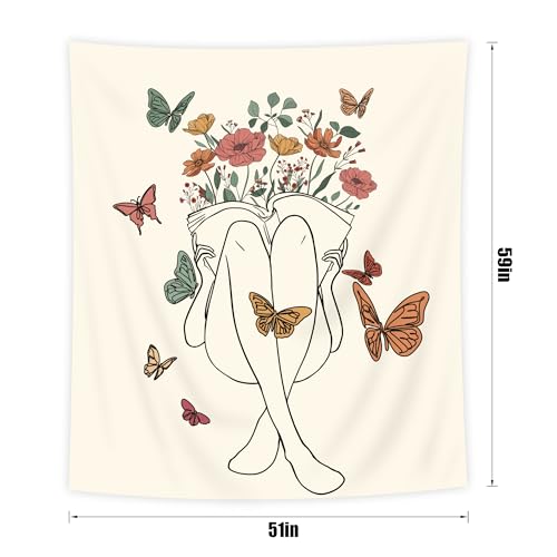 SVBright Abstract Woman Fabric Wall Hanging Tapestry 51Wx59H Inch Boho Butterfly Floral Reading Book Minimalist Aesthetic Modern Simple Line Sketch Beige Home Decor Art for Living Room Bedroom Dorm - color: Abstract Woman（Beige）, size: 59"L x 51"W
