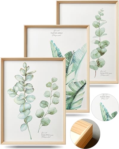 Framed Wall Art,Minimalist Botanical Canvas Wall Art for Living Room,12x16in Plant Wood High-Framed Design Flower Green Eucalyptus Leaf Artworks Prints Poster for Bathroom,Bedroom Set of 3 - color: Flower, size: 16"L x 12"W