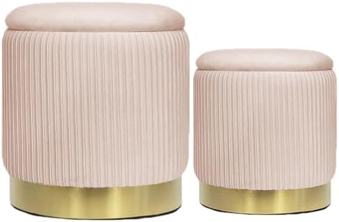 Round Ottoman with Storage Set of 2 Upholstered Velvet Vanity Stool for Living Room Storage Ottomans Multifunctional Foot Rest (Pink)