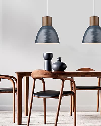 ELYONA Hammered Pendant Light for Kitchen Island, 10.2” Metal Solid Wood Bar Hanging Lamp, Adjustable Height Industrial Pendant Lighting for Dining Room, Bedroom, Bar, Office, Modern Blue - color: Blue - 1 Pack
