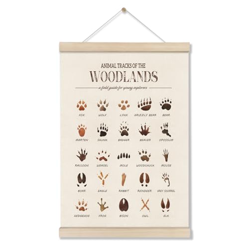 DOI-LANEE Woodland Tracks Poster Hanger Frame, Canvas Artwork Woodland Nursery, Jungle Nursery Decor, Animal Tracks Field Guide Sign, Forest Wall Art, Boy Wall Decor - color: Off-White03