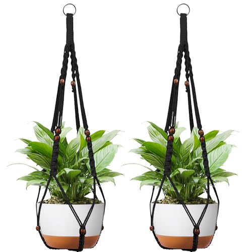 Macrame Plant Hanger - Fits 6-15 Inch Pots, Hanging Planter Holder for Indoor Outdoor, Cotton Rope Boho Home Decor, 43 Inch, Set of 2, Black - color: Black, size: 43+43in