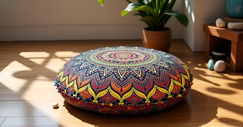 CRAFT KALA 32 Inch Meditation Floor Pillow Cover Round Pillow Seating Hippie Decorative Adults Bohemian Mandala Cushion Cover Outdoor Living Room Throw Ottoman Poufs Cover (New Blue Ombre) - color: New Blue Ombre