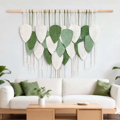 NYEONHRT Large Macrame Wall Hanging Handmade Boho Leaf and Feather Tapestry for Modern Home Decor Perfect Wall Art for Living Room Bedroom Nursery Apartment Backdrop 39x31 Inch (White green) - color: White green 39*31in