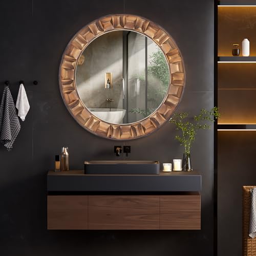 36 Inch Large Round Solid Wood Wall Mirror - Rustic Farmhouse Dark Brown Wooden Circle Mirror for Bathroom, Living Room, Entryway & Wall Decor - color: A1 - Round - 36x36 in