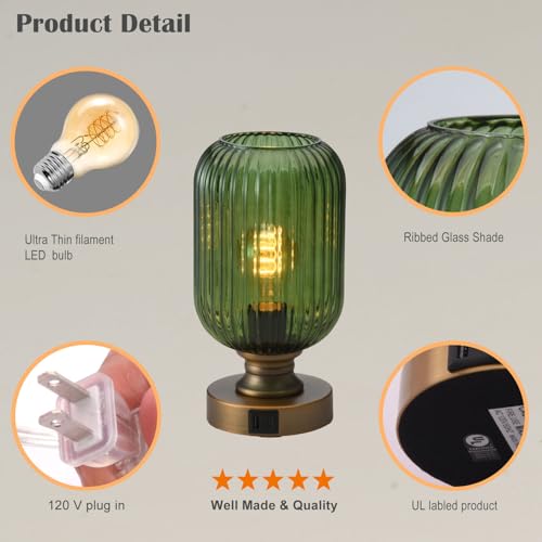 Mid Century Glass Table Lamp,Dimmable Desk Lamp,LED Bulb Included,Touch Control & USB A+C Port,Green Ribbed Glass - color: Green Ribbed, size: USB + Touch