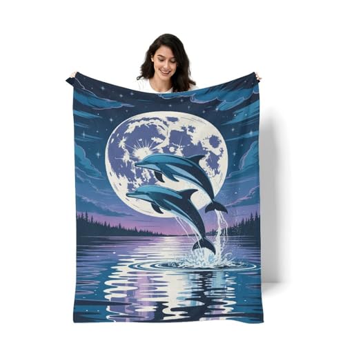 Dolphin Blanket, Two Dolphins Jumping Under Moonlight Flannel Throw Blanket for Couch Bed Or Chair, Luxury Lightweight Comfy Blankets Home Decor Gift 40x50in(100 * 125cm)