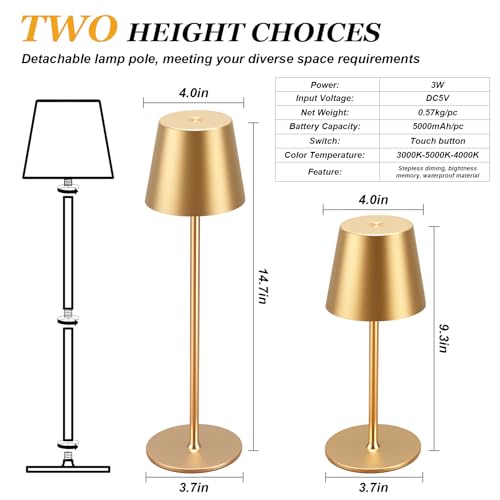 Kakanuo Cordless Table Lamp Rechargeable Gold - KK 4 Pack Battery Operated Lamp for Dining Table, 3 Color Stepless Dimming Wireless Lamp for Counter, Outdoor Patio, Touch Control - color: Gold 1, size: 4 Pack 14in - Down Light