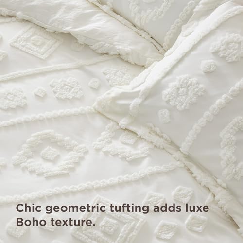 Bedsure Boho Duvet Cover Queen Size - Tufted Boho Bedding, Farmhouse-Style Distressed Vintage Embroidery Bedding for All Seasons, 3 Pieces, 1 Soft Jacquard Queen Comforter Cover and 2 Pillow Shams - color: 09 - White Tufted (No Comforter), size: Queen (90