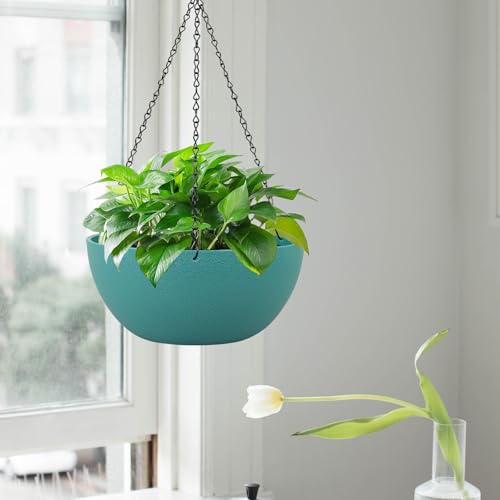WSMKSZ 10 inch Hanging Planters for Outdoor Indoor Plants with Drainage Holes and Chain, 2 Pack Round Hanging Flower Pots for Garden Home Porch Decor, Blue Green - color: Blue-green, size: 10inch 2pcs
