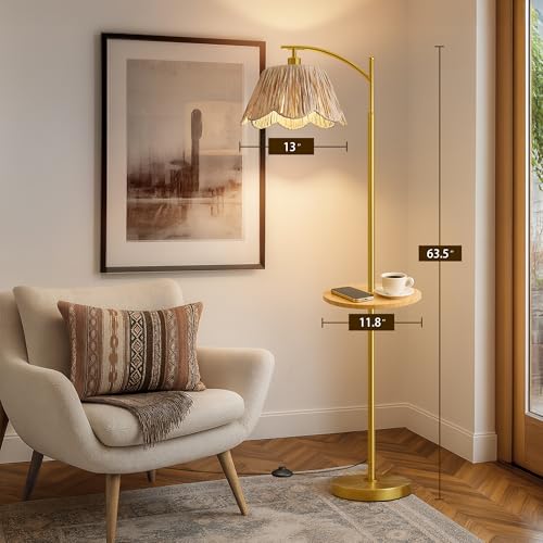 Oneach Floor Lamp with Table for Bedroom, Boho Standing Lamps with Foot Switch, Farmhouse Floor Lamp for Living Room, Arc Rattan Lamps with Gold Metal Base & Pole, Ideal for Home Décor - color: Gold and Wood