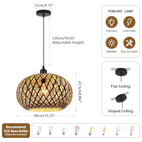 Island Pendant Light Black Natural Hand-Woven Bamboo Pendant Lights 1-Light Boho Light Fixtures Farmhouse Rustic Hanging Lamp for Living Room Dining Room Bedroom - color: Black Rattan, 1-Light