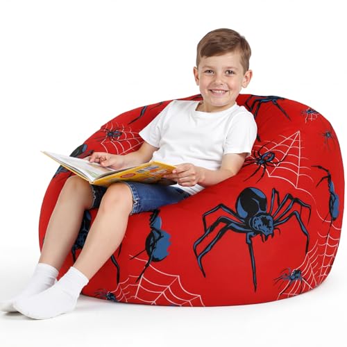 Boao 27'' Large Spider Kids Bean Bag Chairs Cover (No Filling) Washable Stuffed Animal Storage Beanbag Chair for Kids Canvas Bean Bag Cover with Zipper for Boys Organizing Plush Toys Textile Sack - color: Spider, size: 27 Inches