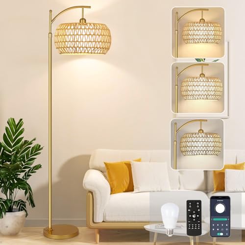 Gold Floor Lamp for Living Room with 3 Color Temperatures,Arc Boho Floor Lamps with Remote Control, Rattan Standing Lamp with Wicker Lamp Shades Dimmable Tall Floor Lamp For Bedroom Living Room Corner - color: gold-cydariform, size: 12.2 inch