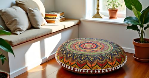 Round Mandala Floor Pillow Cover Seating Cushion Throw Cover Ottoman Pouf Cover Pom Pom Pillow Cases Hippie Decorative Bohemian Boho Indian 22 Inches (New Blue) - color: New Blue