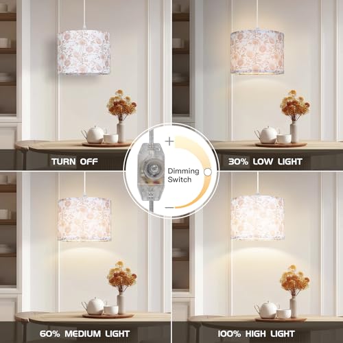 CINSARY Pendant Light with Flower Fabric Shade, Pendant Lights Kitchen Island with Dimmable Switch, Hanging Lamp with 15 ft Clear Cord, Hanging Lamp for Bedroom Dining Room Living Room (Bulb Included) - color: Flower-1