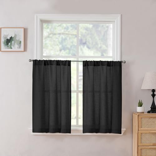 Tollpiz Short Linen Tier Curtains Rod Pocket Semi Sheer Half Kitchen Curtain Burlap Light Filtering Thick Linen Drapes for Bathroom, 30 x 24 inches Long, Black, Set of 2 Panels - color: Black, size: 30"W x 24"L (Pack of 2)