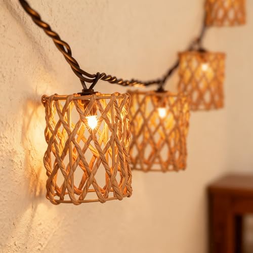 Decorative String Lights Plug in with 10 Incandescent Bulbs, Handwoven Rattan Cylinder-shaped Boho Lantern String Lights Connectable Weatherproof Outdoor Indoor for Bedroom Patio Pergola Decor (Beige) - color: Beige