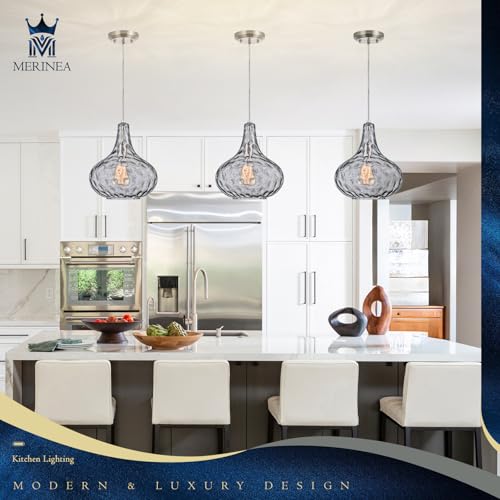 11" Smoked Hammered Glass Pendant Light – Modern Ceiling Hanging Fixture with Brushed Nickel Finish for Kitchen Island, Dining Room, Hallway, Entryway – E26 Base - color: Smoked