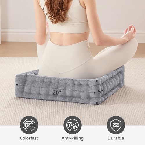 Intelligent Design Floor Pillow - Shredded Foam Filled Meditation & Yoga Cushion, Chenille Tufted, Handsewn Scalloped Edge, OEKO-TEX Certified, Azza, 20" x 20" x 5" Grey - color: Grey