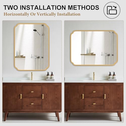 Ferytange 30"x48" Gold Bathroom Mirror for Wall, Large Brass Gold Bathroom Vanity Mirror for Over Sink, Rounded Rectangle Mirror in Premium Iron Metal Frame Hangs Horizontal Or Vertical - color: Gold, size: 48"L x 30"W