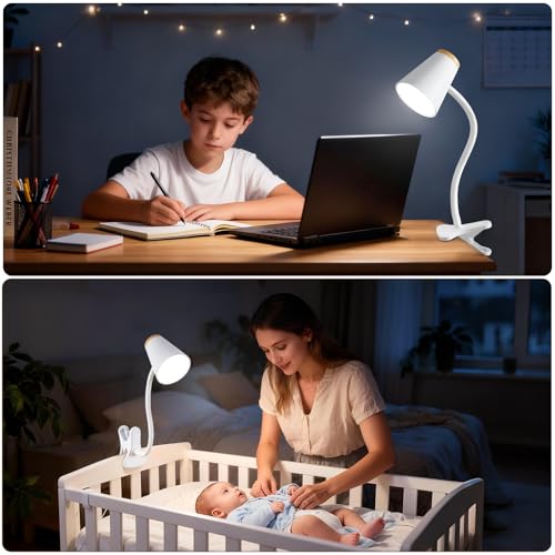 EJIAXIN Clip on Desk Lamp for Home Office - Small LED Touch Dimmable Reading Light for College Dorm Room - Adjustable Flexible Gooseneck Clamp Light Table Lamp for Bedside Bedroom Bed Headboard White - color: Cool White