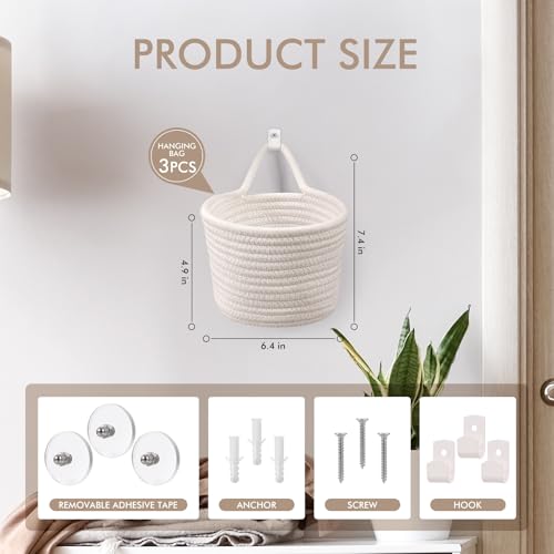 Fabric Wall Hanging Baskets - 3Pack Woven Pouchs Boho Style Wall Mounted Bag with Adhesive Hooks, Storage Organizers and Decoration Pocket Caddy Bins on Door Rack (White & White, Large) - color: White & White