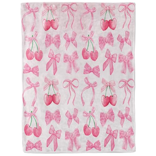 Pink Cherry Bow Throw Blanket Back to School Decorations Soft Dorm Room Essentials Gifts for Students Girls Boys Lightweight Coquette Bow Cherry Aesthetic Blanket for Nursery Room 30"x40" - color: A001 Pink Cherry Bow Blankets, size: 30"W X40"L (76X102CM)