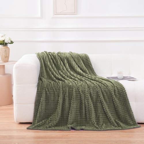 Puncuntex Flannel Fleece Throw Blanket Olive Green 50"×70",Super Soft Plush Cozy Blanket with Square Grid Design Luxury for Couch Sofa Chair - color: Olive Green, size: 50"×70"