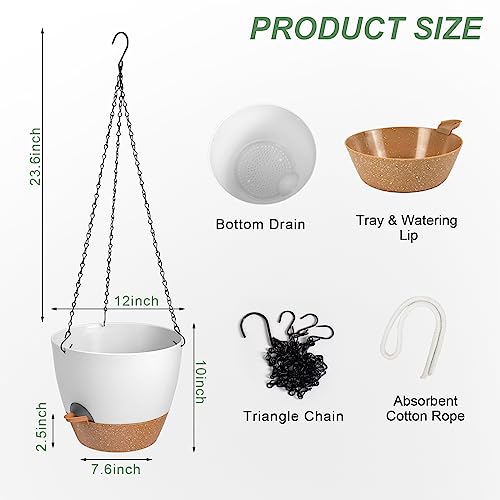 Vanslogreen Hanging Planters for Indoor Outdoor Plants, 1 Set Self Watering Hanging Pot with Drainage Holes & Removable Tray (White-12inch, 12'') - color: White, size: 12''