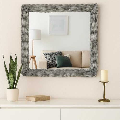 Benzara Wall Mounted Mirror, 20 Inch Square Wicker Woven Frame in Beige