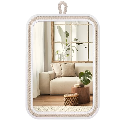Nautical Rope Mirror Rectangle Wooden 22''Lx16''W White Decorative Mirror Farmhouse Hanging for Bathroom,Livingroom,Entryway-Beachy Coastal Wall Mirror Decor - size: 22"L x 16"W