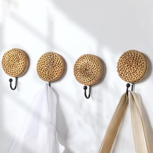 Colingmill 4 Pcs Boho Rattan Wall Towel Hooks Decorative Woven Hanging Holder Farmhouse Coat Rack Hooks Wood Coat Rack Wall Mount Vintage Decorative Hook for Hanging Coats(Round) - style: Round