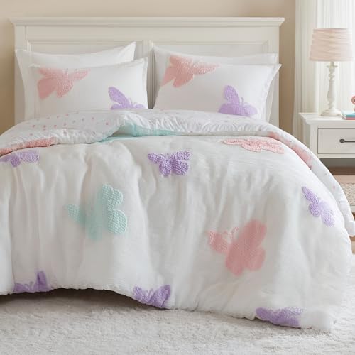 Intelligent Design Kids Rio Full/Queen Duvet Set – Girls’ Reversible Tufted Chenille Bedding with Pastel Purple Butterflies and Pink Dot, 3pcs - color: Multicolor, size: Full/ Queen