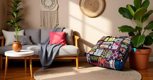 CRAFT KALA Indian Square Patchwork Traditional Pouf Cover Indian Living Room Poufs Decorative Embroidered Designer Ottoman Home Living Footstool Chair Cover Decor Pillow Cover 18x18x5 inches, Black - color: Black, size: 18"D x 18"W x 5"H