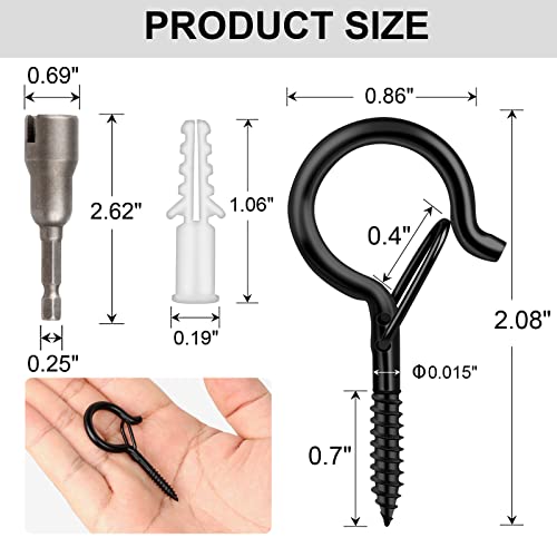 FSAH 36 PCS Q-Hanger Hooks with Safety Buckle, Windproof Screw Hooks for Outdoor String Lights Hanging Christmas Lights, Plants, with 1 Wing Nut Driver - color: Black, size: 36 Pcs