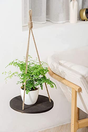 Dahey Hanging Plant Shelf Round Wood Rope Hanging Floating Shelf Vintage Home Decor Display Planter Rack for Living Room Bedroom Kitchen, Dark Brown - color: Brown