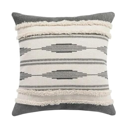 MOCOFO 16" Cream White Grey Woven Tufted Tassel Cushion Cover Fringe Pillow Sofa Couch Throw Bohemian Embroidered Cover ONLY (Gray 18‘’)