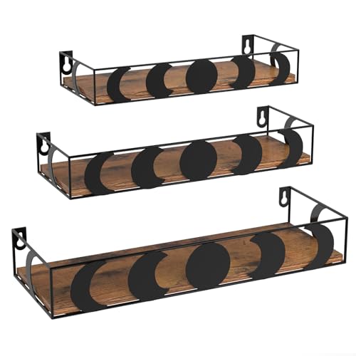 PHAREGE Black and Brown Floating Wall Shelves, Set of 3 Moon Phase Decorative Small Shelves for Bedroom Kid Room, Display Shelf for Crystal Collectibles Figurine - color: Black Brown