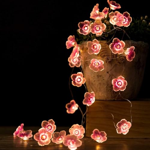 Cherry Blossom String Lights, Flower Fairy Lights Aesthetic Room Decor, Sakura Floral Garland Battery Operated for Bedroom, Girls Gift, Spring Party (Warm White, 10ft 30 LED)